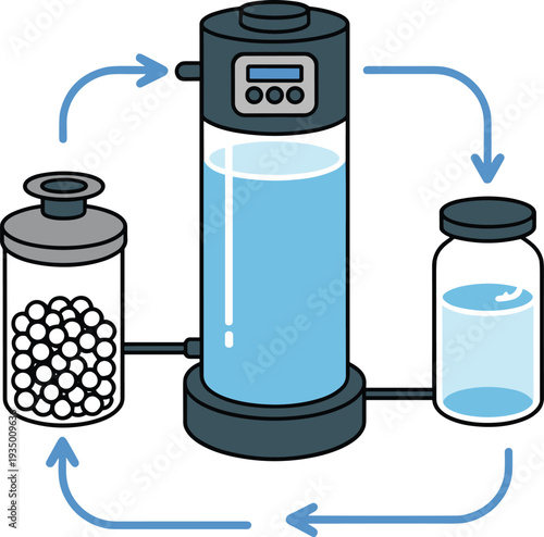 Water softener system illustration ion exchange process resin tank brine tank hard soft water cycle regeneration arrows blue liquid vector for plumbing home appliance design
