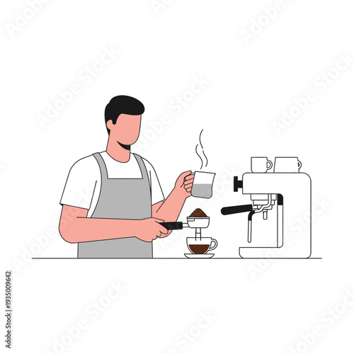 Barista preparing coffee with espresso machine, pouring hot water into portafilter