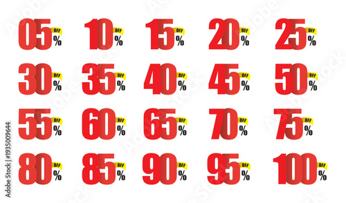 Red and yellow discount percentage signs from 5 to 100 percent 5 percent off 10 percent off