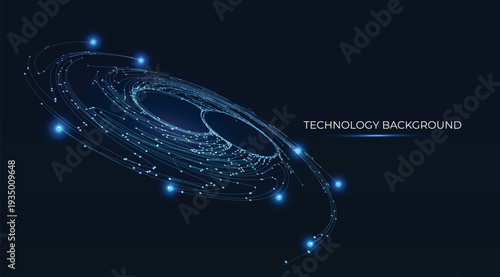 Fiber Optic threads elegantly form dual circles of multiple pulsing light lines, swirling like a cosmic galaxy in a glowing bright blue universe. Seamless, neon pulses evoke innovation and data flow.
