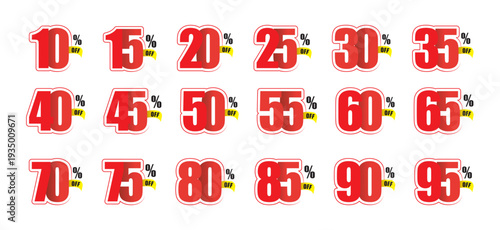 Red and yellow percentage off sale discount tags 10 to 95 percent