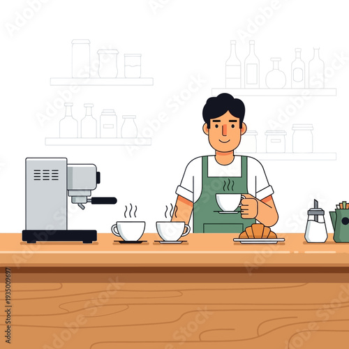 Barista serving coffee and croissant at cafe counter with espresso machine