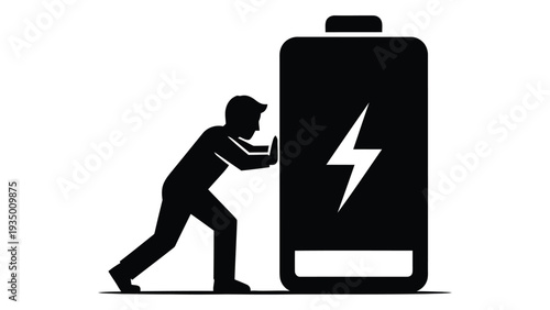 A man pushing a large battery with a lightning bolt on it isolated on white background, Vector