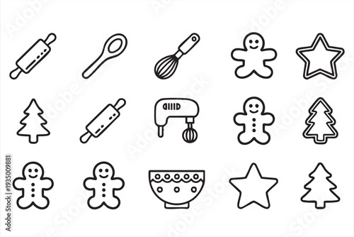 Christmas Kitchen Line Icons for Holiday Baking and Food Graphics