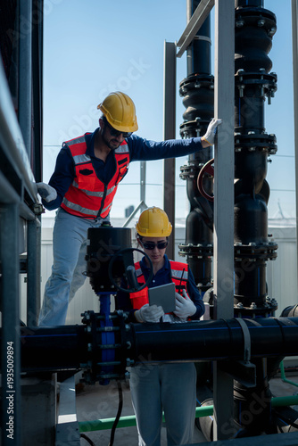 Engineers inspecting industrial pipeline and valve systems
