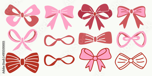 Collection of colorful hand drawn style bows in varying shapes and shades
