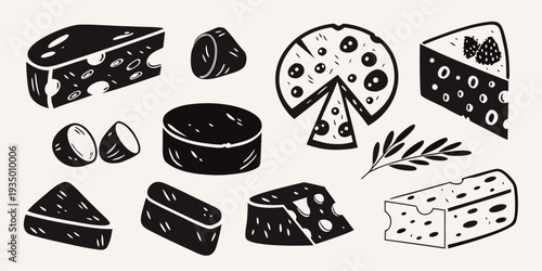 Assorted cheese varieties and olive branch illustration in black and white