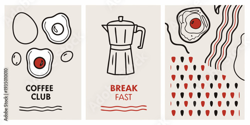 Minimalist illustration of breakfast items eggs coffee and bacon