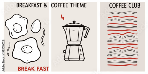 Breakfast and coffee themed graphic with eggs coffee pot and waves