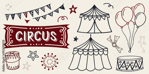 Colorful circus doodles including a tent balloons and festive decorations