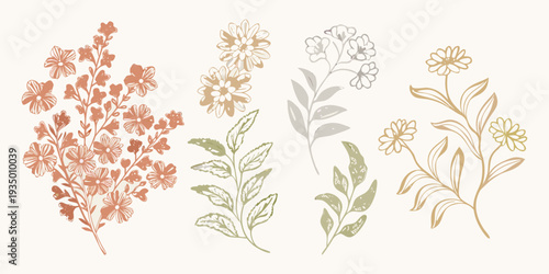 Botanical illustration of diverse wildflowers and foliage in muted tones