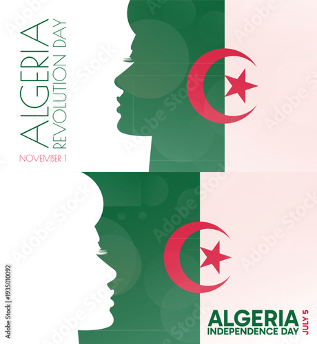 Algeria Independence, Revolution Day banner pack. Vector illustration with flag colors, person silhouette for web panel, event, social media post. Patriotic celebration backdrop, background