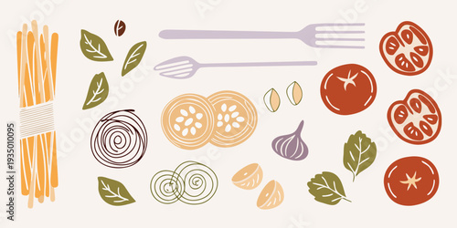 Italian food illustration featuring pasta tomatoes and fresh herbs