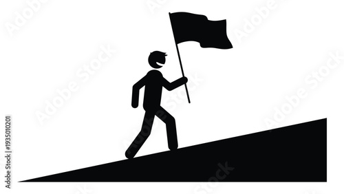 A person on a hill holding a flag isolated on white background, Vector