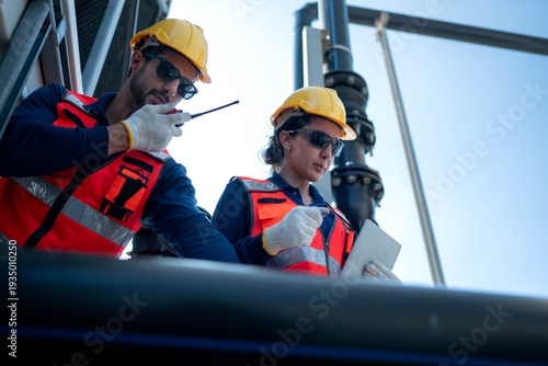 Engineers inspecting industrial pipeline and valve systems