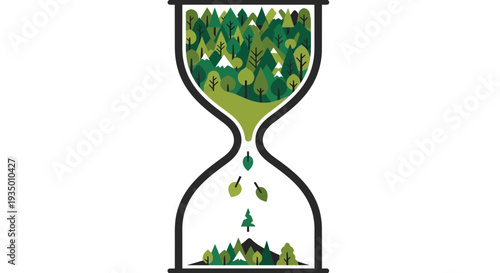 Green leaves falling through hourglass symbolizing time passing