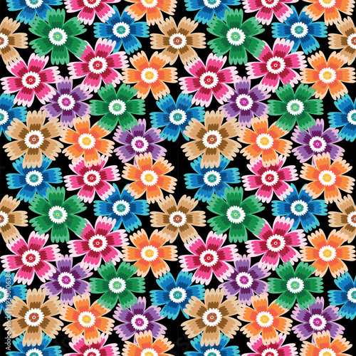 Dense all-over seamless floral pattern with bright multicolored blossoms on black background. Eye-catching textile design perfect for fashion, wallpaper, packaging, and craft projects.