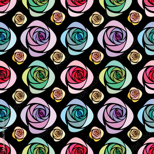 Seamless pattern with stylized roses in pastel and vibrant tones on black background. Contemporary floral design ideal for fashion textiles, packaging, wallpaper, and feminine branding.