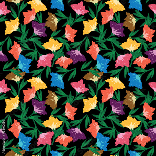 Seamless botanical pattern with scattered flowers and green leaves in bright tones on black background. Ideal for fashion textiles, summer prints, wallpaper, and surface pattern projects.