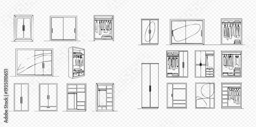 Wardrobe and closet furniture sketch set, hand drawn vector illustration of storage cabinets with clothes and shelves.