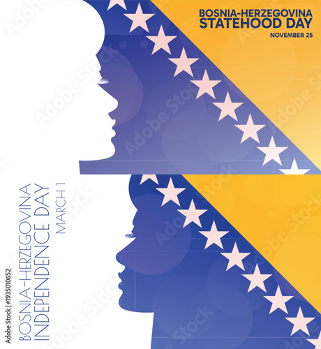 Bosnia and Herzegovina Statehood, Independence Day banner pack. Vector illustration with flag colors, person silhouette for web panel, event, social media post. Patriotic celebration backdrop