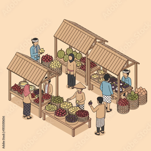 Isometric illustration of a vibrant marketplace with vendors selling fresh fruits and vegetables.
