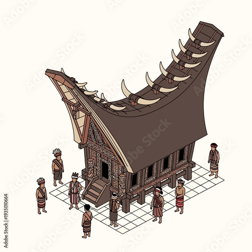 Traditional Indonesian Toraja House with Community Gathering.