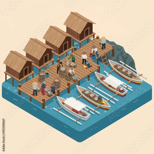 Floating village with wooden houses and boats on the water.