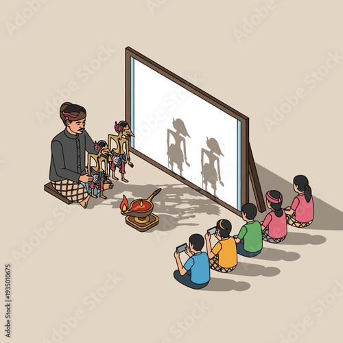 Traditional Wayang Kulit Shadow Puppet Show with Audience.