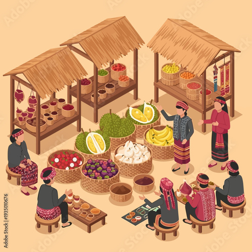 Vibrant marketplace scene with traditional Asian vendors selling fresh produce.