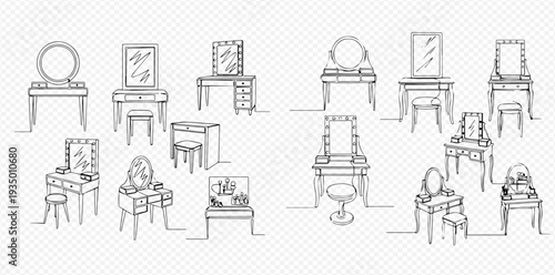 Set of hand-drawn dressing tables with mirrors and stools in various styles.