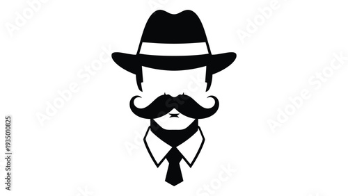 A black and white image of a man with a mustache and hat isolated on white background, Vector
