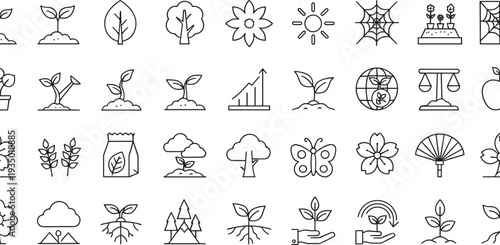 Hand Drawn Ecology and Nature Icon Set with Plants Trees Growth Sustainability and Environmental Symbols Outline Vector Collection