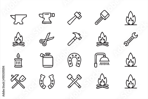 Blacksmith Forging Line Icons Set for Metalworking and Craft Design