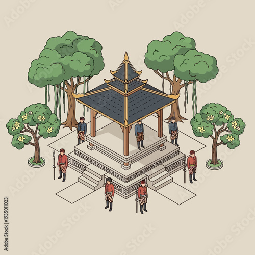 Traditional Asian style pavilion with people in a serene forest setting.