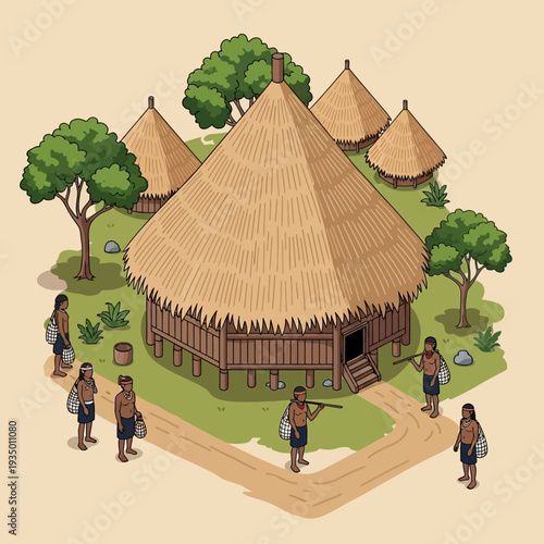 Traditional African Village with Thatched Huts and Community.