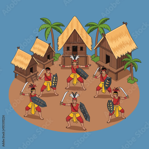 Traditional tribal village with warriors in uniform marching.