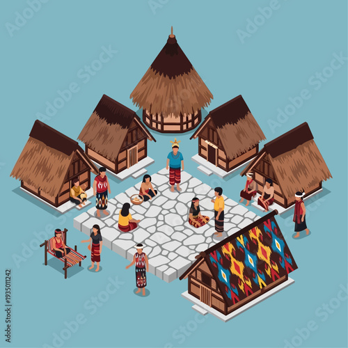 Traditional tribal village community gathering in a central courtyard.