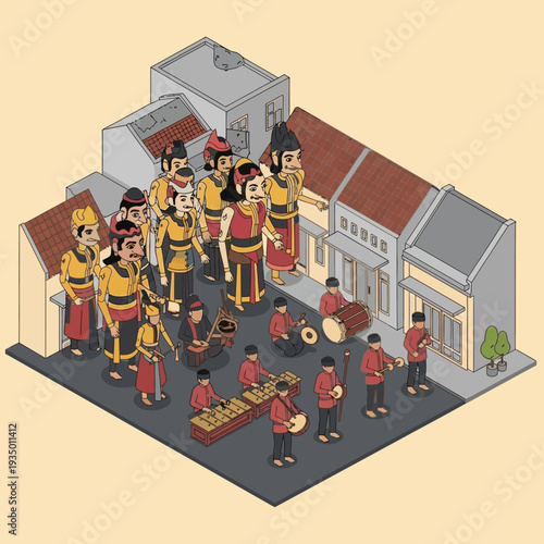 Isometric illustration of traditional Chinese funeral procession in the street.