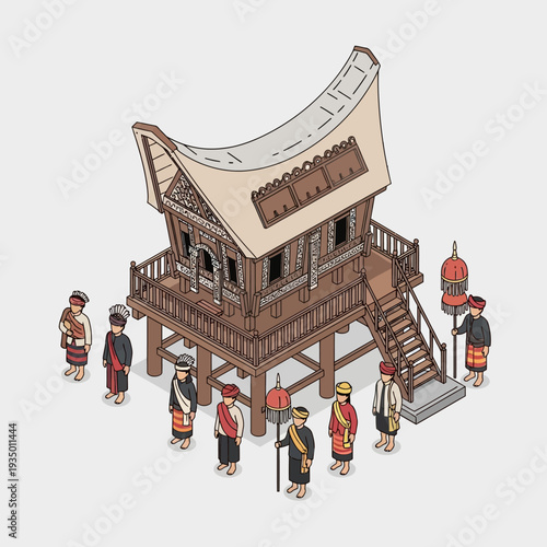 Traditional Southeast Asian stilt house with people gathered outside.