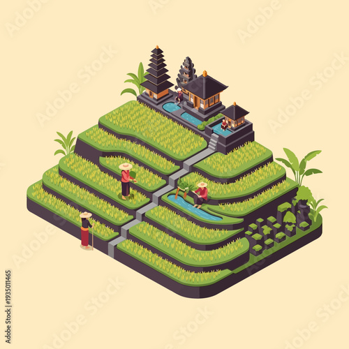 Isometric illustration of a serene rice terrace landscape with traditional Balinese architecture and farmers at work.