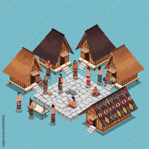 Traditional Village Scene with People and Huts.