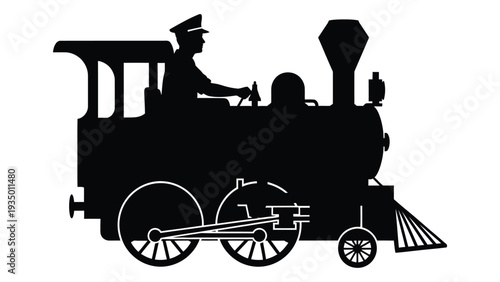 A black silhouette of a man driving a train isolated on white background, Vector