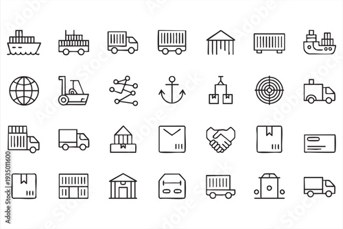 Delivery and Shipping Line Icon Set for Transport Services