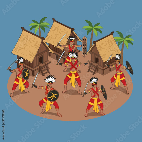 Warriors in traditional attire fighting near village huts.