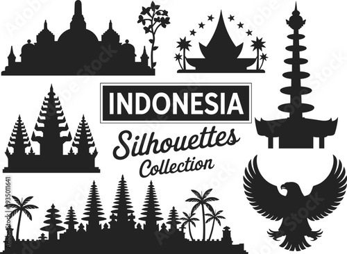 Indonesia landmarks silhouette collection, famous temples monuments and Garuda symbol isolated on white background vector illustration