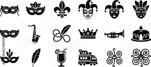 Carnival party icons collection, masquerade masks music symbols and festive elements isolated on white background vector illustration
