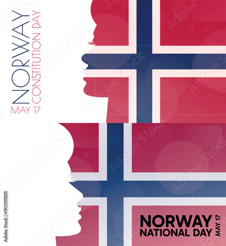 Norway National, Constitution Day banner pack. Vector illustration with flag colors, person silhouette for web panel, event, social media post. Patriotic celebration backdrop, background