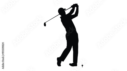 A black silhouette of a man playing golf isolated on white background, Vector