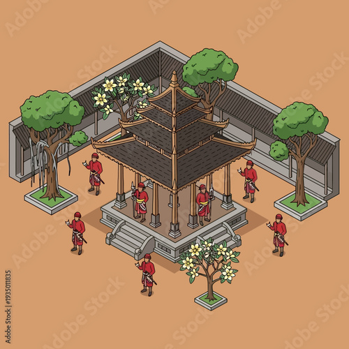 Isometric illustration of soldiers in a fortified courtyard with trees.